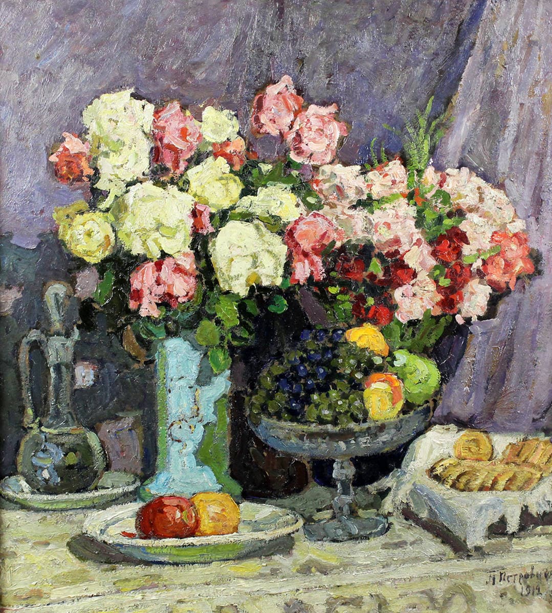 Натюрморт с розами и фруктами