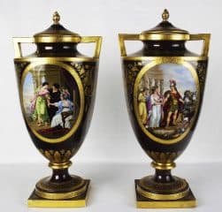 дворцовые старинные парные вазы с античными сценами