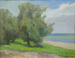 Пейзаж с деревьями у реки