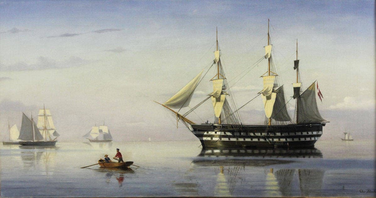 Датский фрегат и другие суда, стоящие на якоре в Эресунне