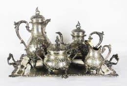 Старинный серебряный чайно-кофейный сервиз с подносом в стиле рококо
