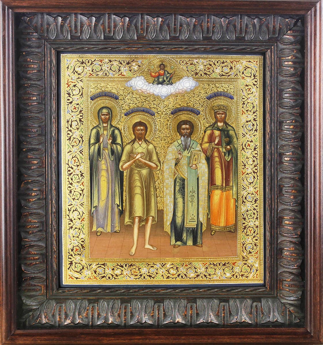 Старинная икона “Святая праведная Анна, святой Божий человек Алексей, Александр, святая великомученица Варвара”
