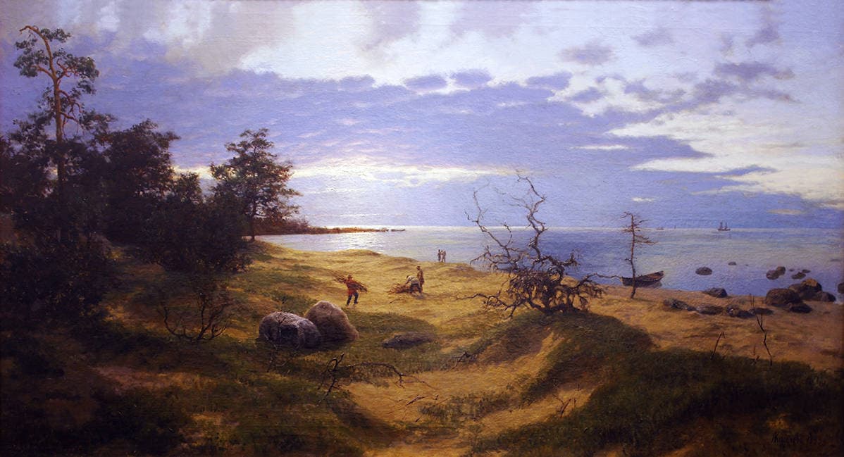 Вечерний пейзаж с рыбаками. Песчаный берег.