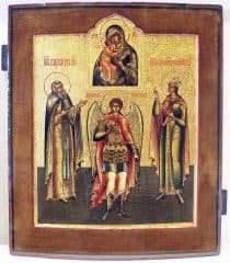 Старинная икона "Михаил Архангел, святая Екатерина, Федоровская Божья Матерь, Преподобный Михаил Клопский"