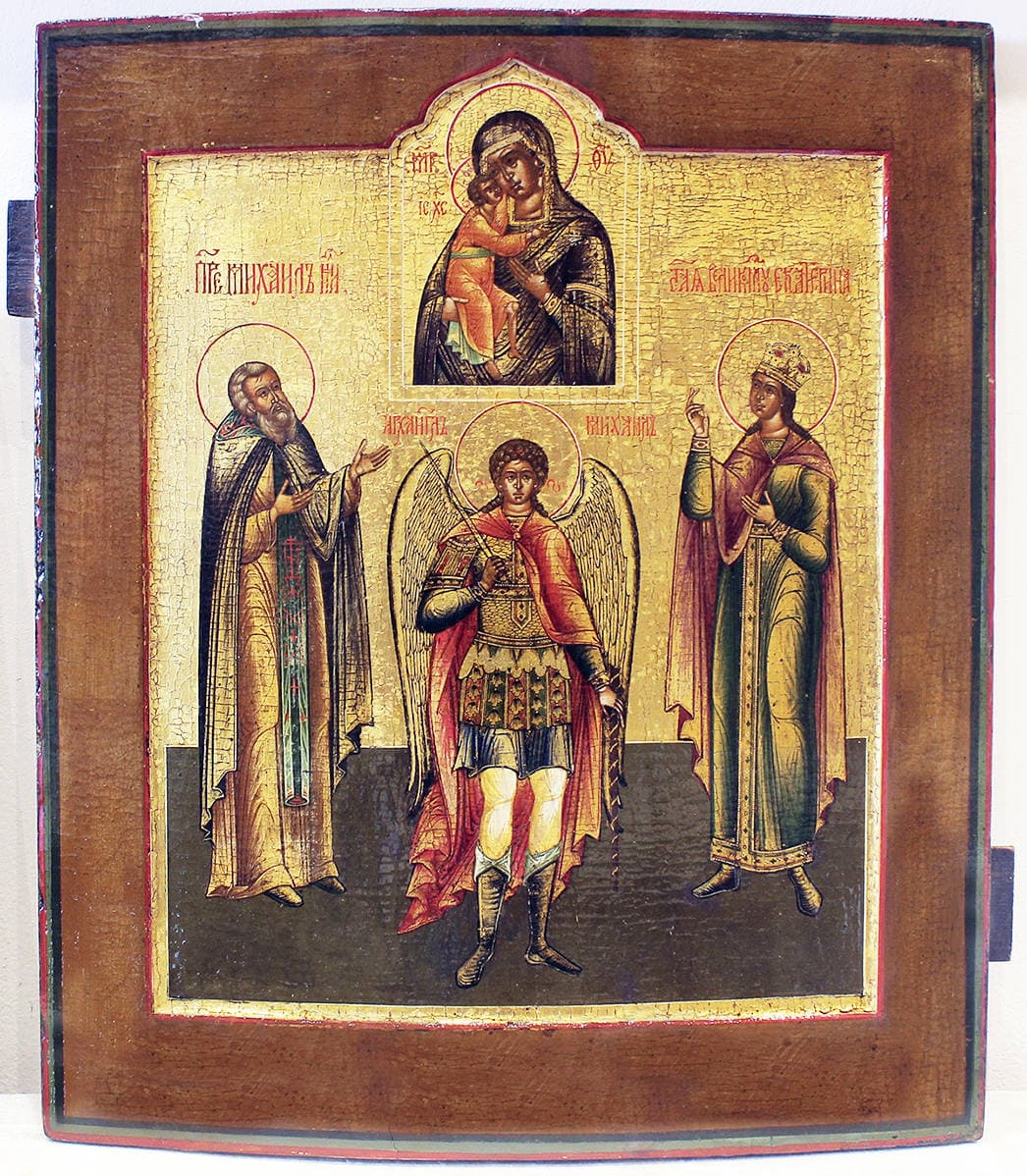 Старинная икона “Михаил Архангел, святая Екатерина, Федоровская Божья Матерь, Преподобный Михаил Клопский”