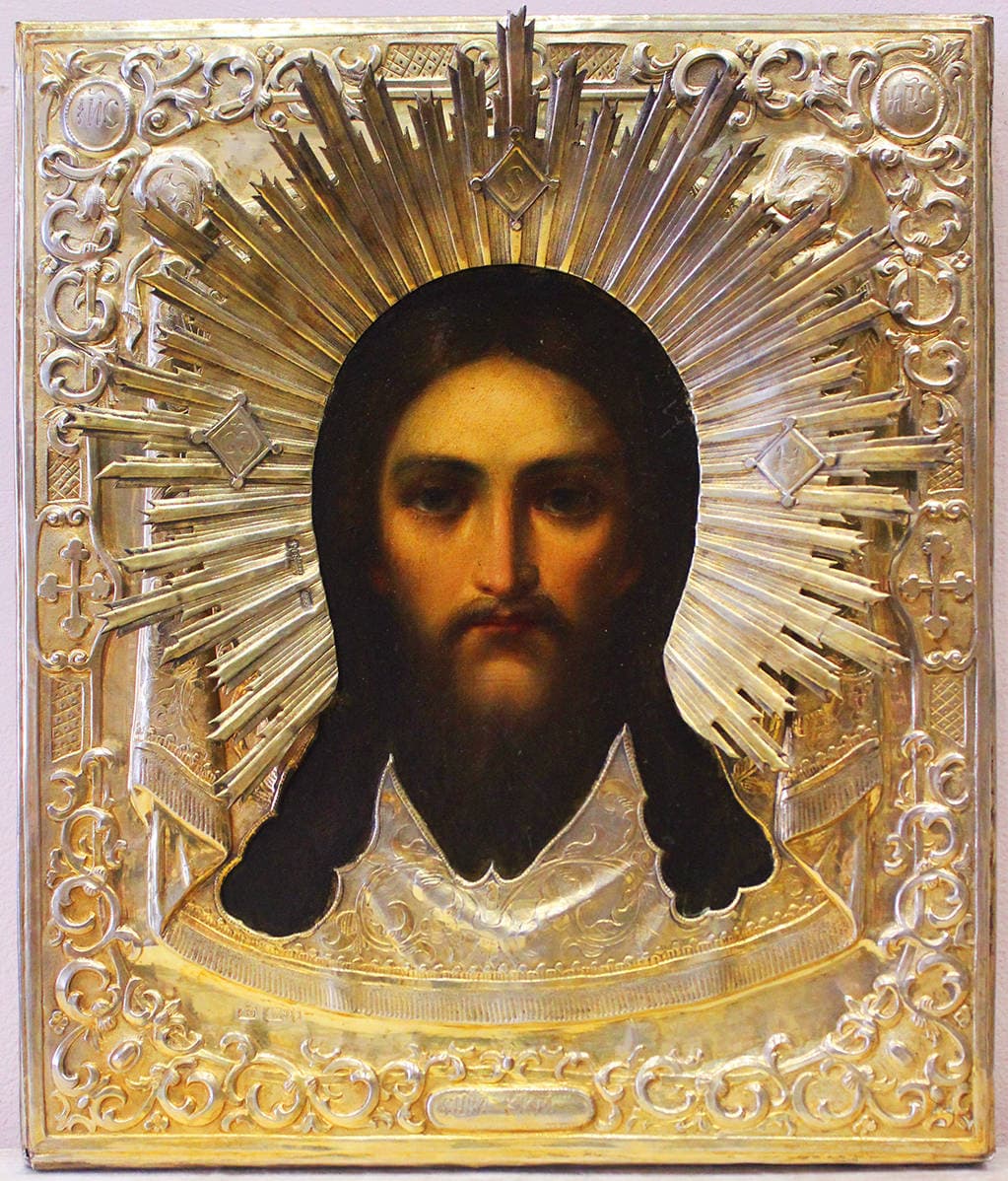 Мастер Фетисов М.Н. Антикварная икона “Спас Нерукотворный (Спас на убрусе)” в серебряном окладе