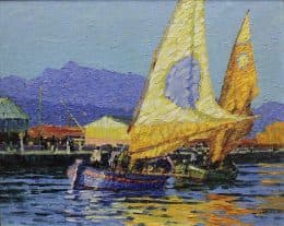 Средиземноморский пейзаж с двумя парусными лодками