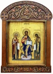 Старинная икона "Господь Вседержитель с предстоящими Богоматерью и Иоанном Крестителем (Деисус)"