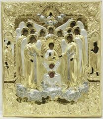 Мастер Колотошин А.Ф. Старинная икона "Собор архистратига Михаила" в серебряном окладе