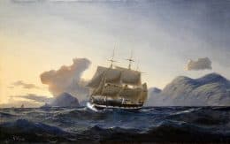 Морской пейзаж с военно-морским судном у скалистого берега