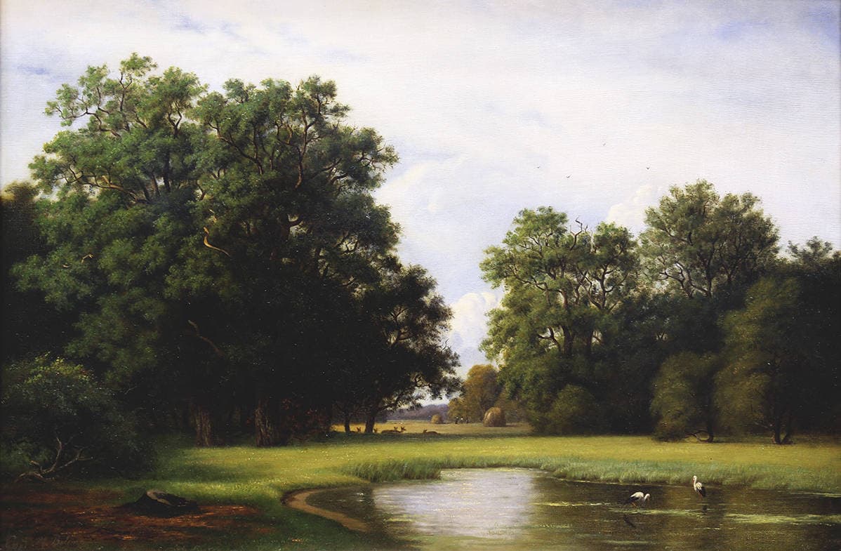 Пейзаж с аистами на лесном озере