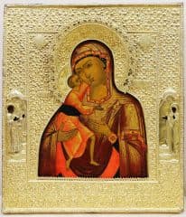 Старинная икона "Богоматерь Феодоровская" в серебряном окладе с предстоящими святыми