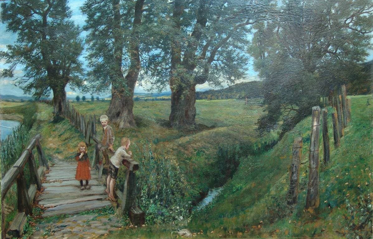 Пейзаж с детьми на мосту