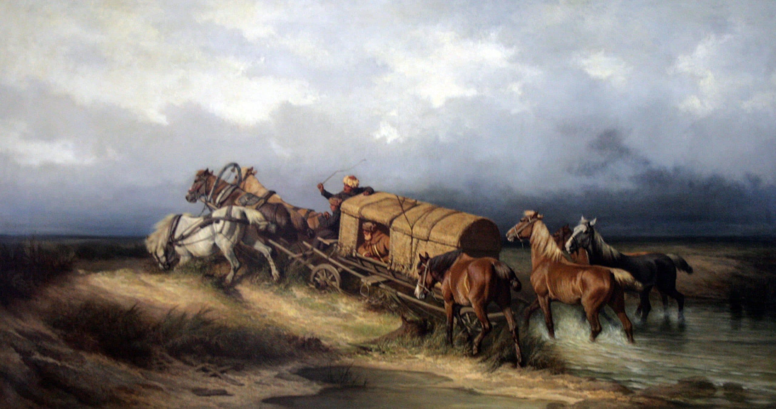 Путешествующие на тройке по южной России казаки