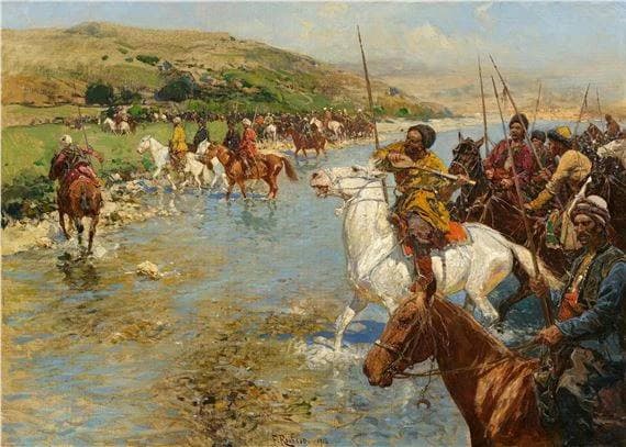 У переправы. Черкесское войско, переезжающее реку