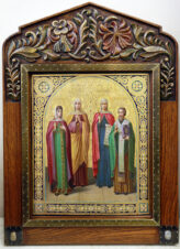 Старинная икона «Святая княгиня Ольга, святая мученица Елизавета, святая великомученица Параскева, святой Василий Великий»