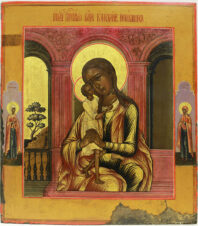 Старинная икона «Образ Пресвятой Богородицы Взыскание погибших» с предстоящими святыми мученицами Татьяной и Агафьей