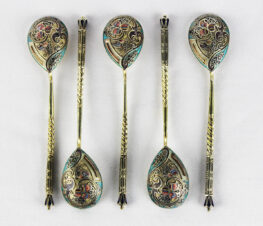 Набор из 5 серебряных ложек, украшенных эмалью