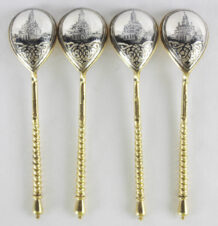 Набор из 4 серебряных ложек с чернью с изображением Сухаревой башни