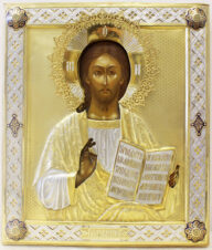 Антикварная икона Христа Спасителя в окладе с выемчатой эмалью