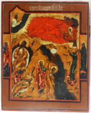 Старинная икона «Огненное восхождение Ильи пророка с предстоящими святыми»