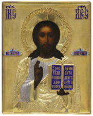 Старинная икона «Господь Вседержитель» в серебряном окладе с эмалью