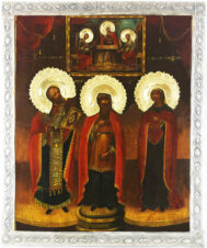 Старинная икона «Святая Троица, Святитель Христов Николай, пророк Захария и праведная Елизавета»