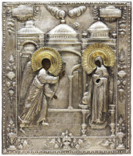 Антикварная икона «Благовещение» в серебряном окладе