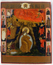 Старинная икона «Огненное восхождение Ильи пророка с предстоящими святыми»