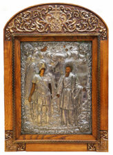 Старинная икона «Архистратиг Михаил и святой Иов» в окладе