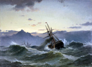 Морской пейзаж с кораблем в шторм