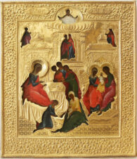 Старинная икона «Рождество Пресвятой Богородицы» в золоченом окладе