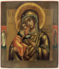 Старинная икона «Богоматерь Феодоровская (Федоровская)» с предстоящими Ангелом Хранителем и святой Анной