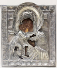 Старинная икона «Богоматерь Феодоровская» в окладе, украшенном пальметтами