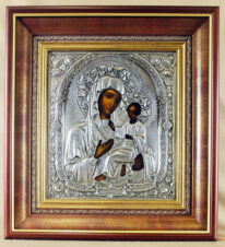 Старинная икона «Божья Матерь Тихвинская» в серебряном окладе