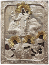 Антикварная икона Пресвятой Богородицы «Всех скорбящих радость» в серебряном окладе