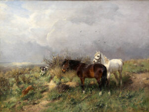 Пейзаж с двумя лошадьми и охотничьей собакой